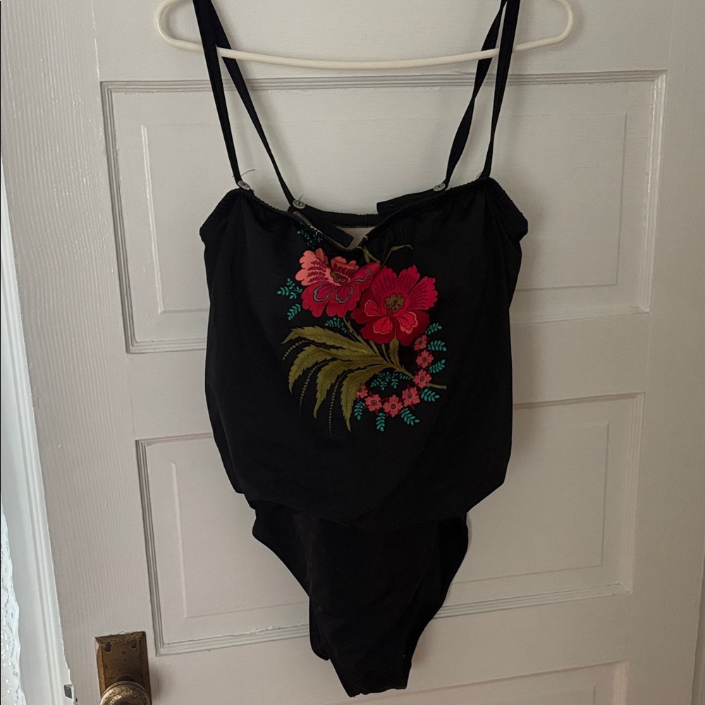 Floral Embroidered Black One-Piece Swimsuit
